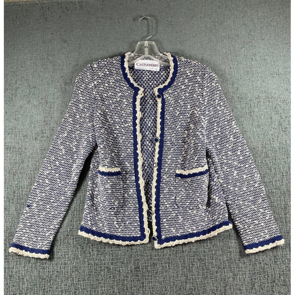 Castleberry Vintage Blue White Knit Jacket Scallop Trim Cardigan Coat Womens